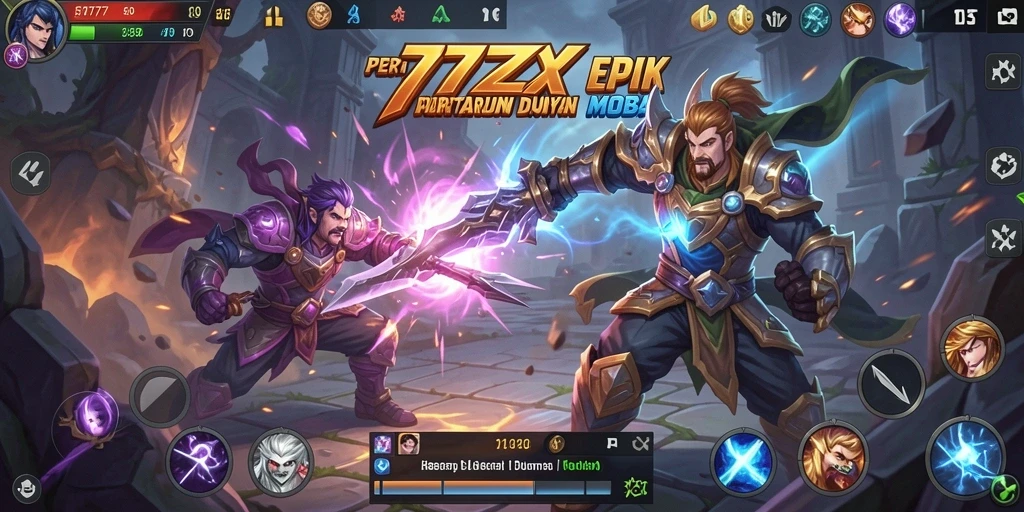 Tampilan gameplay epik dengan pertarungan daring MOBA.