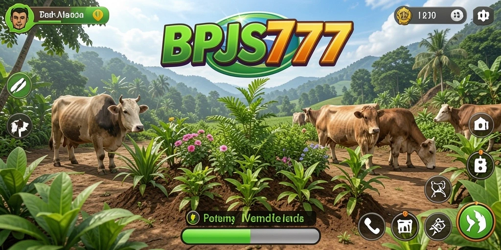 Tampilan gameplay <strong>BPJS777</strong> yang menunjukkan pertanian yang luas dan aktivitas memanen.