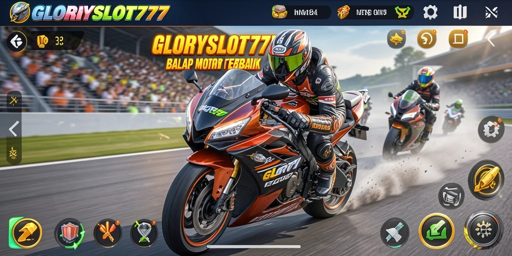 Screenshot utama GLORYSLOT777 menampilkan balapan motor yang seru dan mendebarkan.